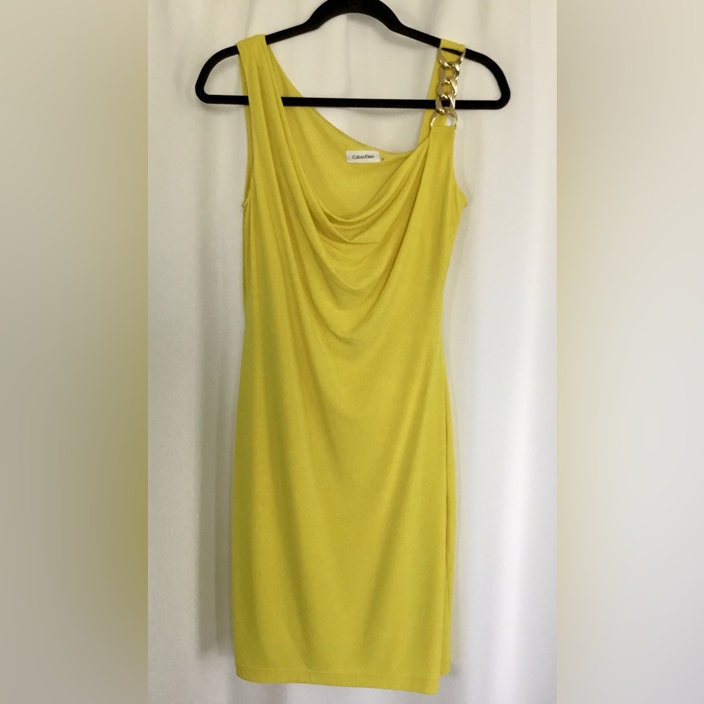 Calvin Klein Yellow Drape Neck Dress with chain